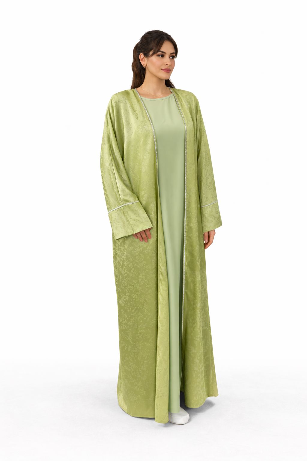 Abaya élégante vert pastel avec robe intérieure
